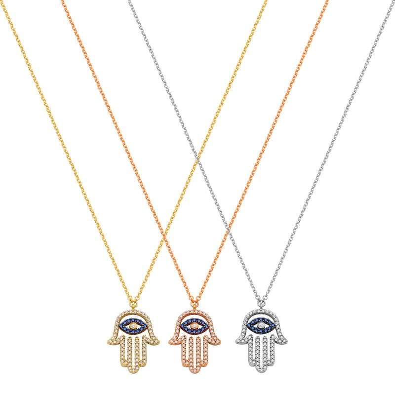 N074 Double Faced Hand Of Fatima Necklace With Evil Eye Inside